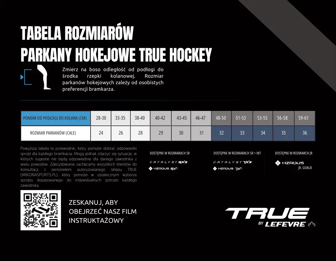 Tabela rozmiarów parkany hokejowe True Hockey