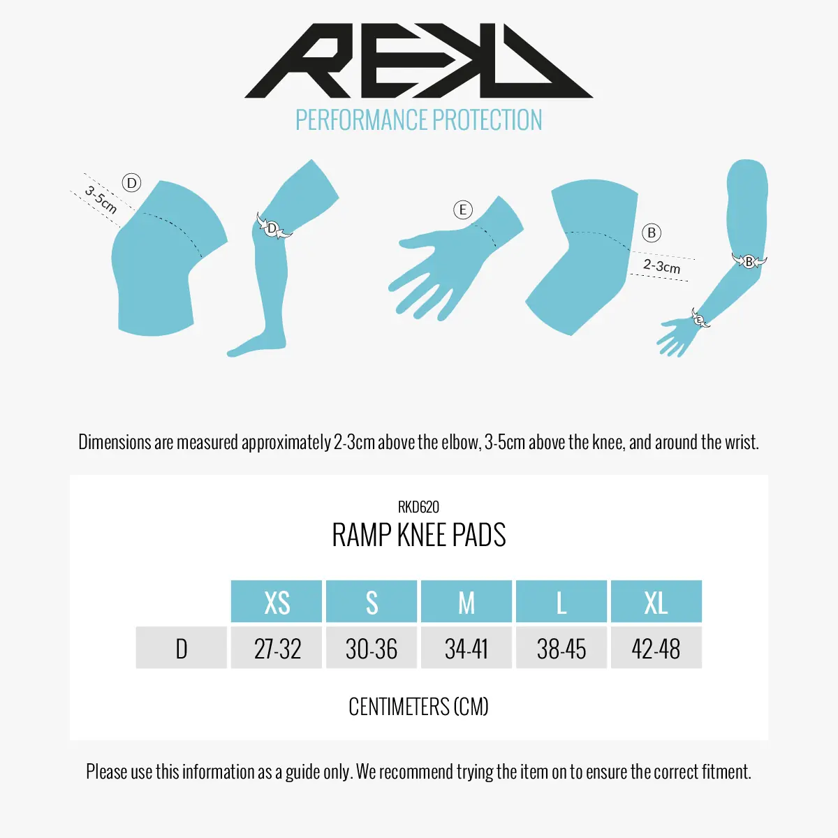 Ochraniacze na kolana REKD ramp - tabela rozmiarów