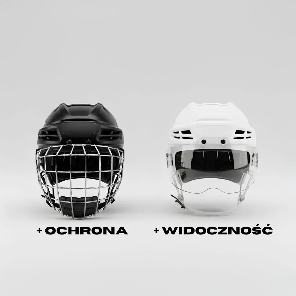 Ikonografika przedstawiająca zalety kraty i visora w kasku hokejowym
