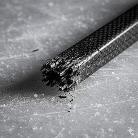 Złamany kij hokejowy z pęknięciem na trzonku na tle lodowiska